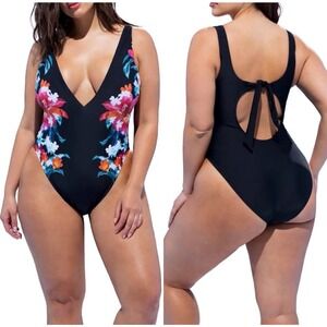 Ashley Graham One-Piece Swimsuit Womens 12 Black Floral Print  Slimming Plus